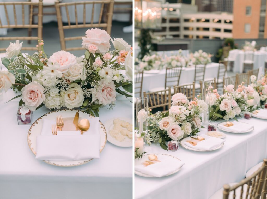 Table details for wedding at 400 North Ervay rooftop wedding venue in Dallas